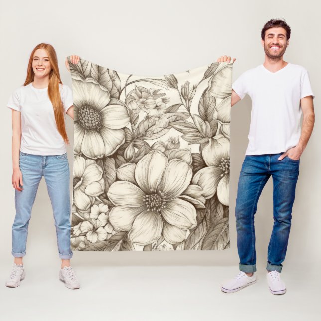 Vintage Floral Sepia Pattern (13) Fleece Blanket (In Situ)