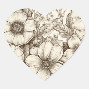Vintage Floral Sepia Pattern (13) Heart Sticker