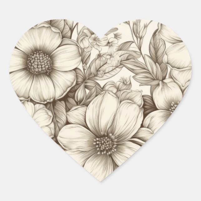 Vintage Floral Sepia Pattern (13) Heart Sticker (Front)