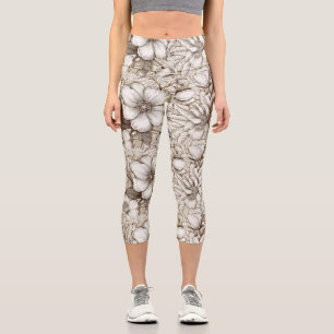 Vintage Floral Sepia Pattern (15) Capri Leggings