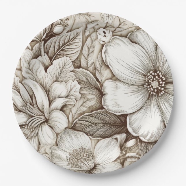 Vintage Floral Sepia Pattern (15) Paper Plate (Front)