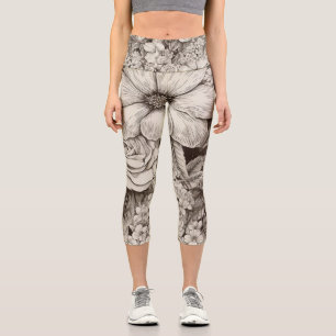Vintage Floral Sepia Pattern (1) Capri Leggings