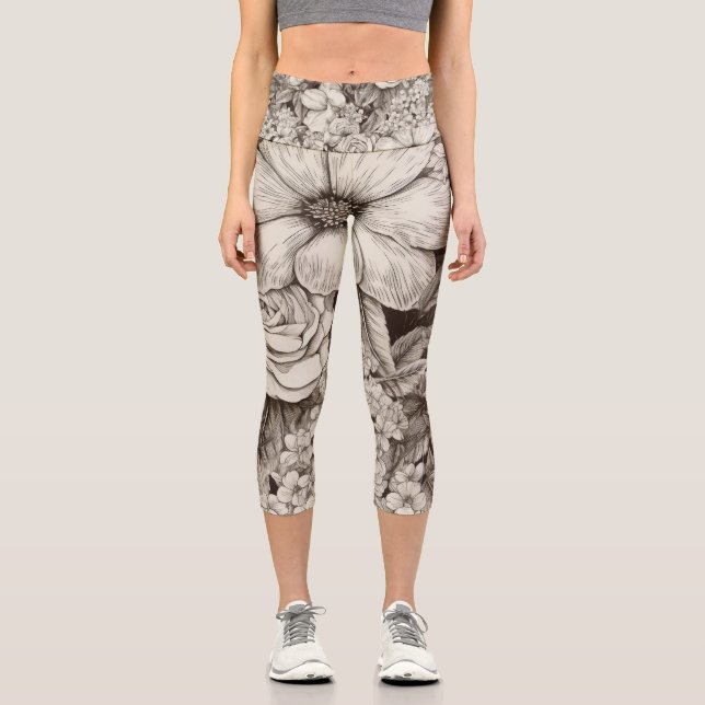 Vintage Floral Sepia Pattern (1) Capri Leggings (Front)