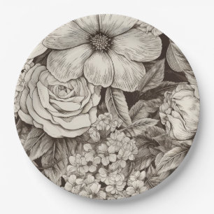 Vintage Floral Sepia Pattern (1) Paper Plate