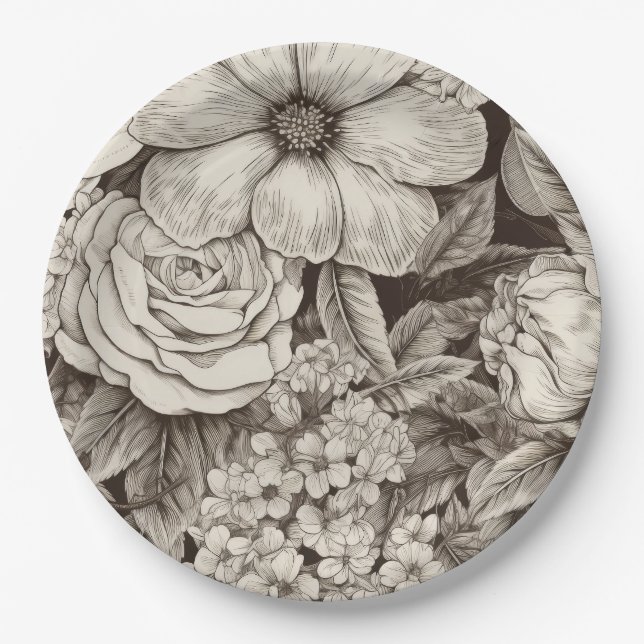 Vintage Floral Sepia Pattern (1) Paper Plate (Front)