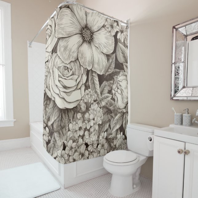 Vintage Floral Sepia Pattern (1) Shower Curtain (In Situ)