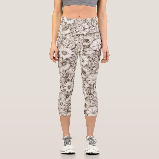 Vintage Floral Sepia Pattern (5) Capri Leggings (Front)