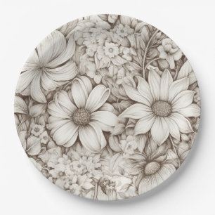 Vintage Floral Sepia Pattern (5) Paper Plate