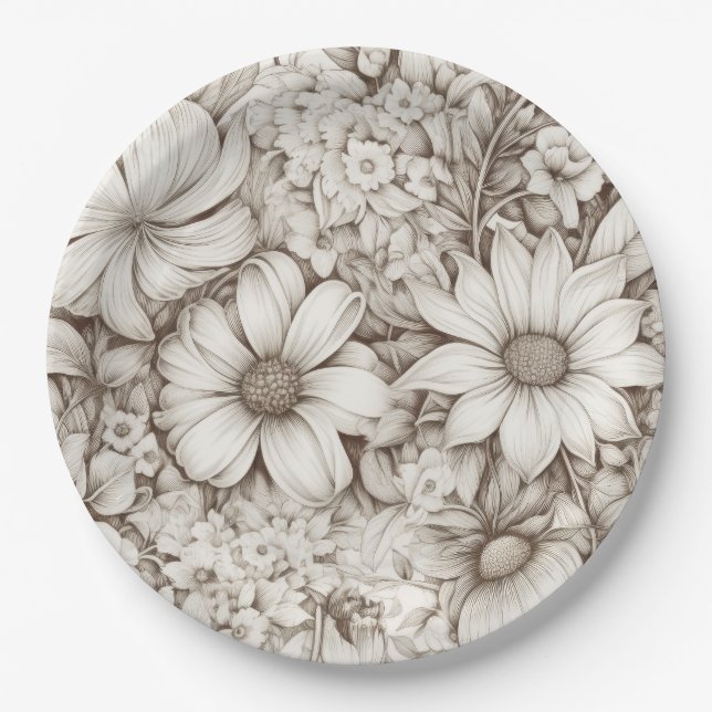 Vintage Floral Sepia Pattern (5) Paper Plate (Front)