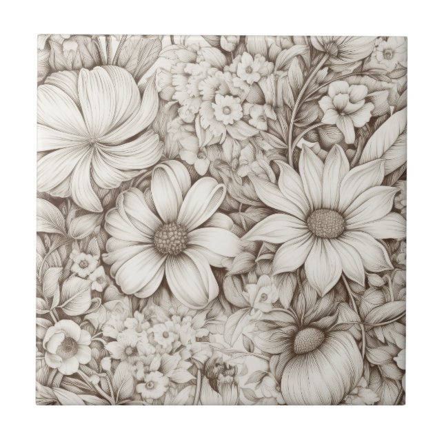 Vintage Floral Sepia Pattern (5) Tile (Front)