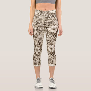 Vintage Floral Sepia Pattern (7) Capri Leggings