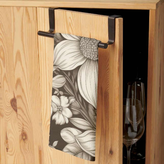 Vintage Floral Sepia Pattern (7) Tea Towel (Thirds Fold)