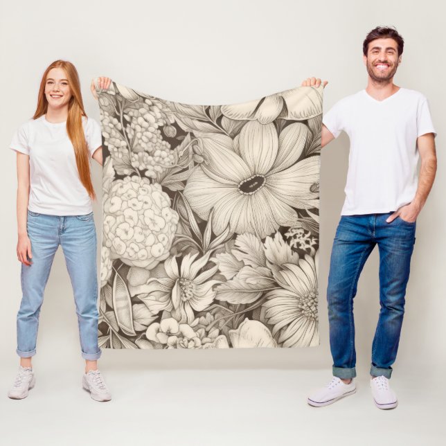 Vintage Floral Sepia Pattern (8) Fleece Blanket (In Situ)