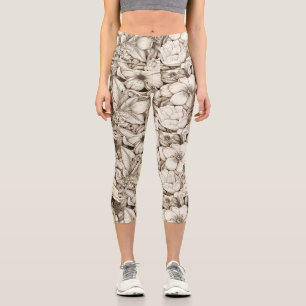Vintage Floral Sepia Pattern (9) Capri Leggings