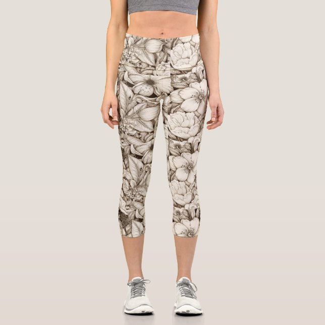 Vintage Floral Sepia Pattern (9) Capri Leggings (Front)