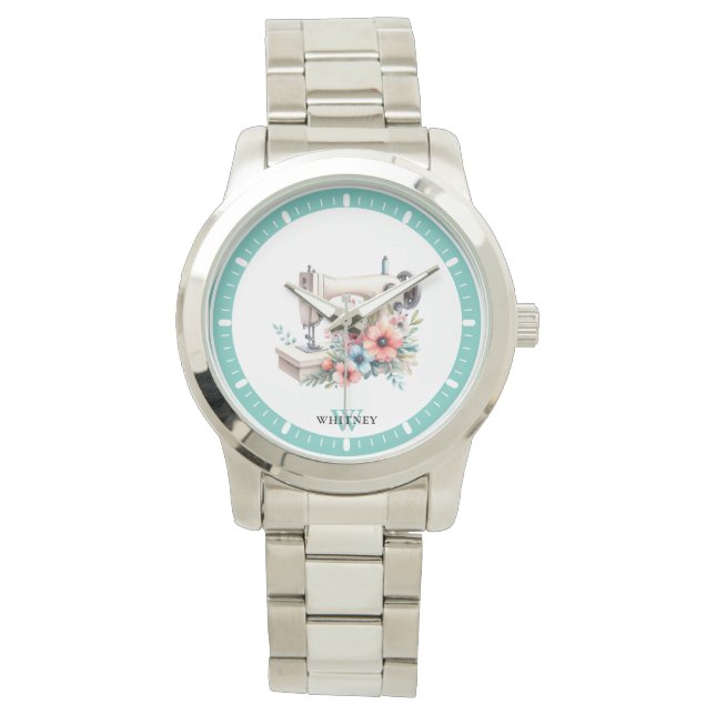Vintage Floral Sewing Machine Monogrammed Name Watch (Front)