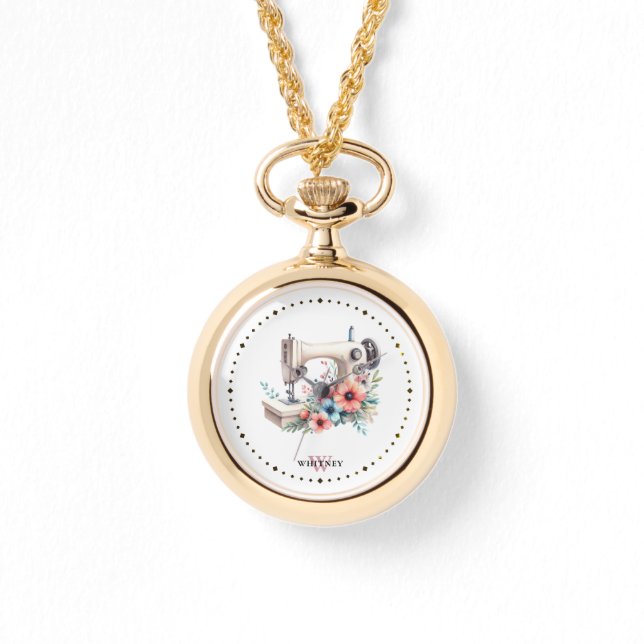 Vintage Floral Sewing Machine Monogrammed Necklace (Front)