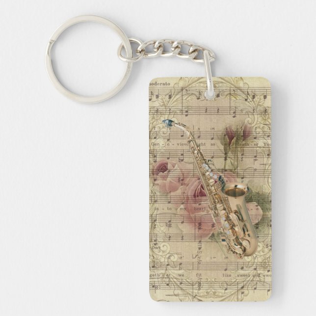 Vintage Floral Sheet Music Saxophone Key Ring (Front)