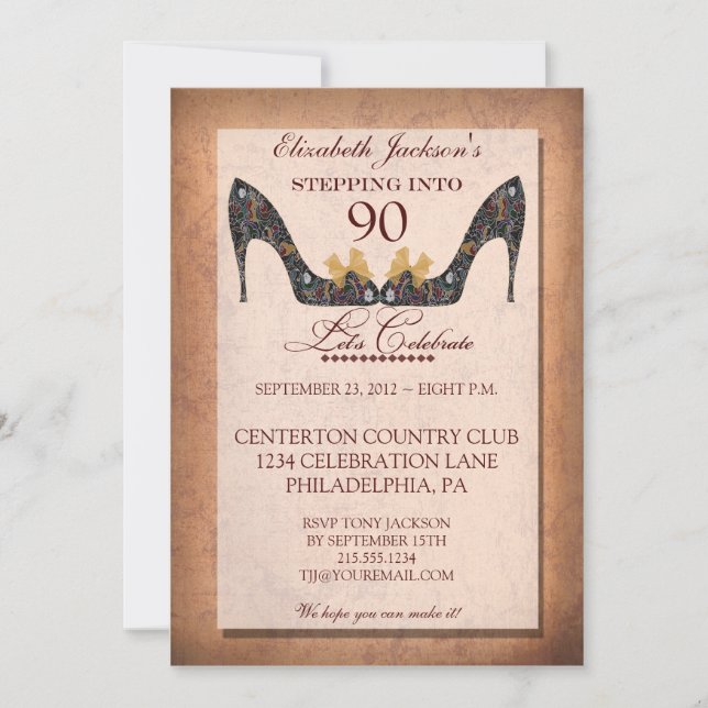 Vintage Floral Shoe 90th Birthday Party Invitation (Front)
