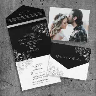 Vintage Floral Silver and Black Wedding All In One Invitation