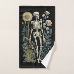 Vintage Floral Skeleton   Black Moody Botanical Hand Towel