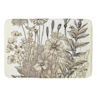 Vintage Floral Sketch Design Bath Mat