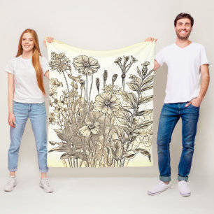 Vintage Floral Sketch Design Fleece Blanket