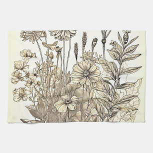 Vintage Floral Sketch Design Tea Towel