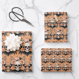 Vintage Floral Skull Halloween Wrapping Paper Sheet