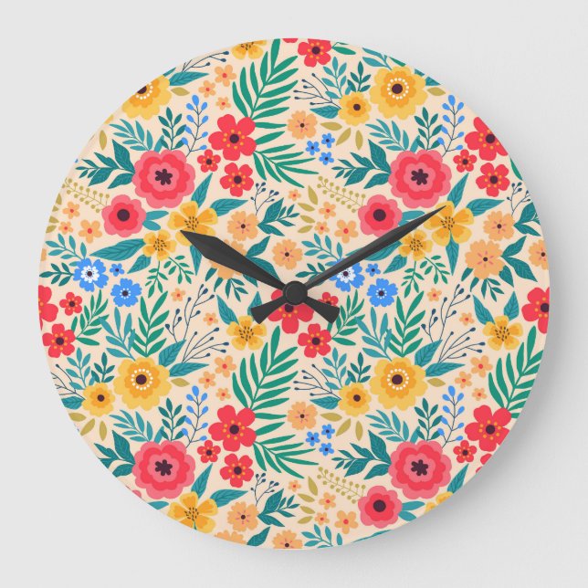Vintage Floral, Small Colourful Flowers. Large Clock (Front)