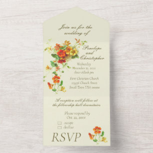 Vintage Floral Spray Orange and Yellow Wedding All In One Invitation