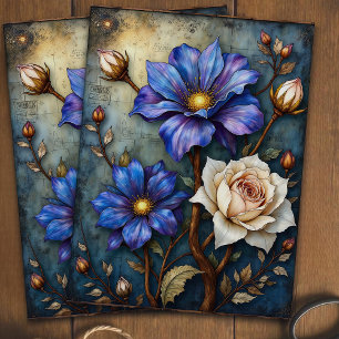 Vintage Floral Stained Glass in Blue Decoupage  Tissue Paper