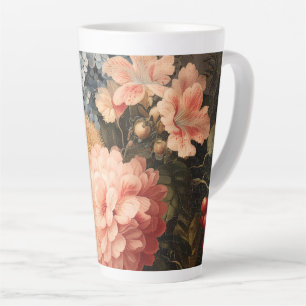 Vintage Floral Still Life with Red and White Bloom Latte Mug