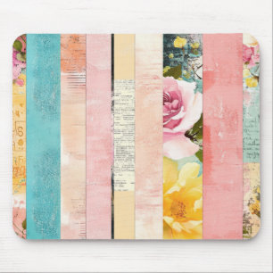 Vintage Floral Stripe Collage in Pastels Mouse Pad