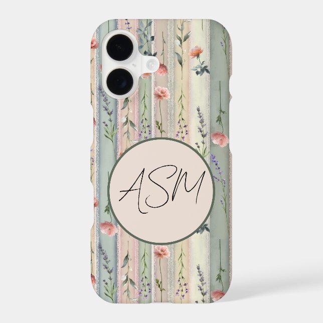 Vintage Floral Stripe Monogram Phone Case (Back)