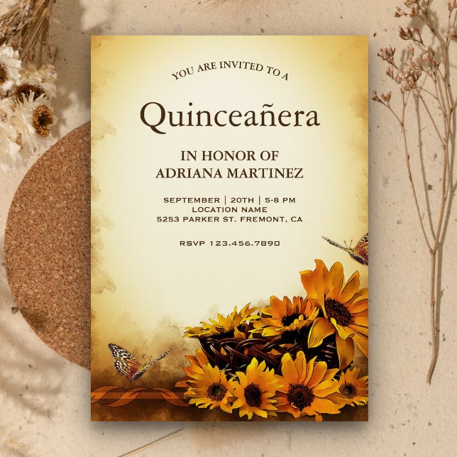 Vintage Floral Sunflower 15th Birthday Quinceanera Invitation (Creator Uploaded)