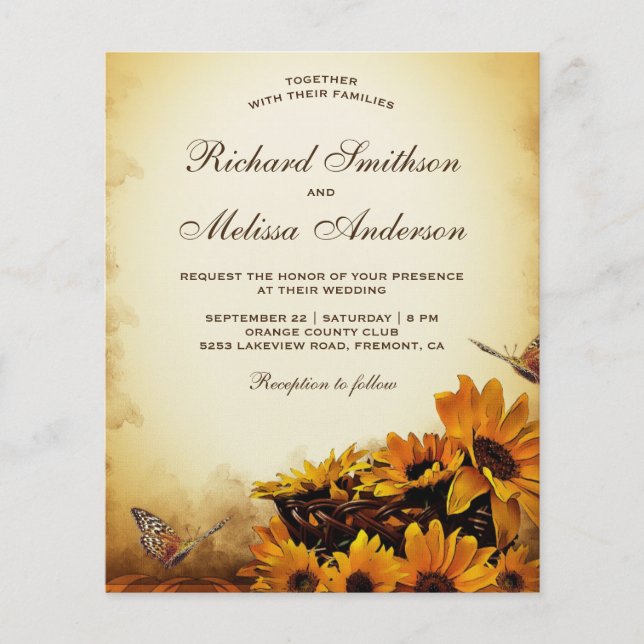 Vintage Floral Sunflower Budget Wedding Invitation (Front)