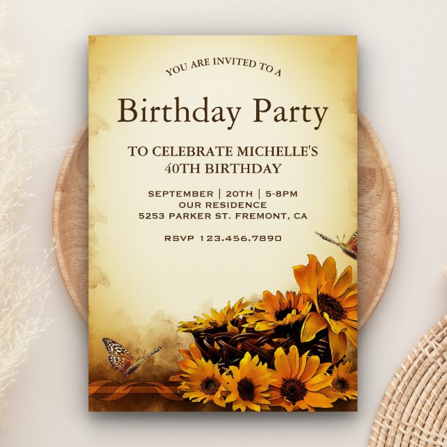 Vintage Floral Sunflowers Birthday Party Invitation (Creator Uploaded)