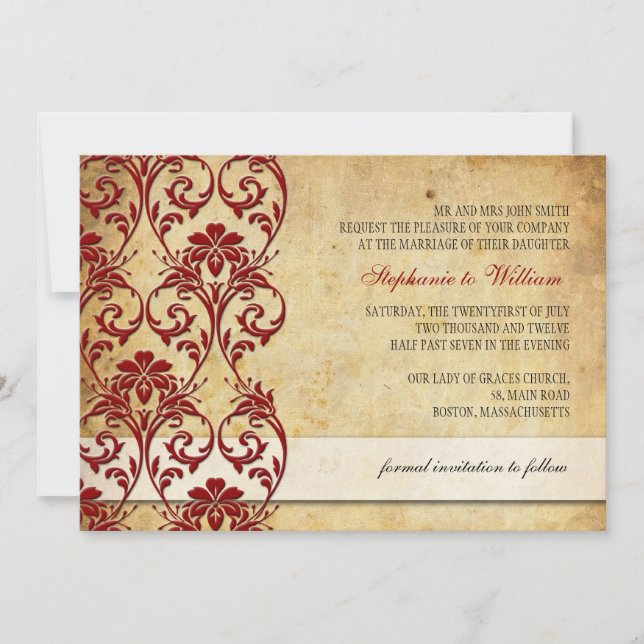 Vintage Floral Swirl Burgundy Wedding Invitation (Front)