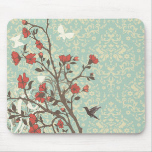 Vintage floral swirls damask + bird mousepad