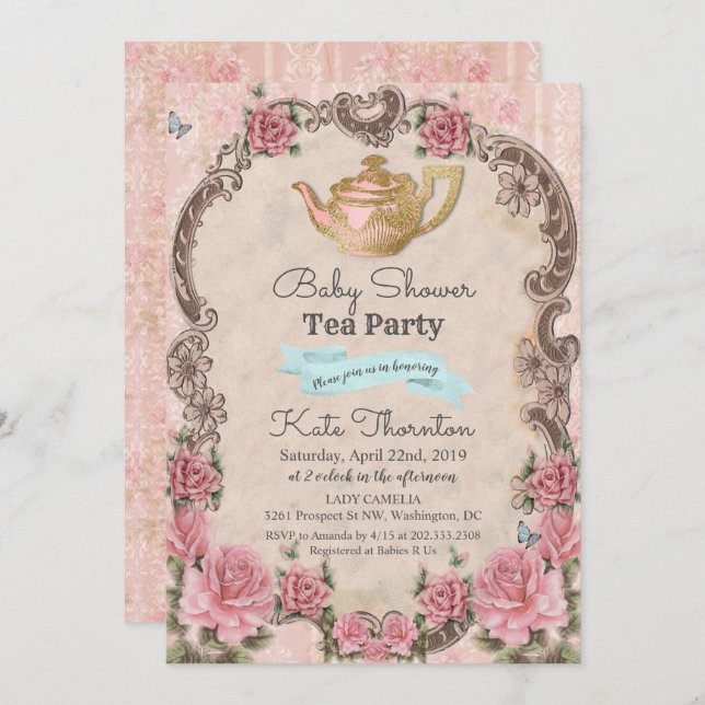 Vintage Floral Tea Baby Shower Invitation (Front/Back)