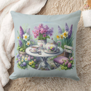 Vintage Floral Tea Party in Garden Blue Cushion