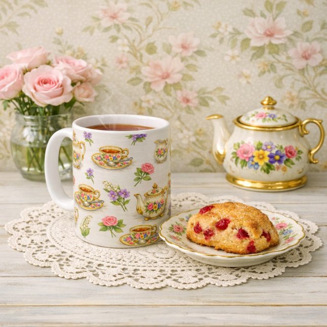 Vintage Floral Teapot Teacup Pattern  Coffee Mug (Creator Uploaded)