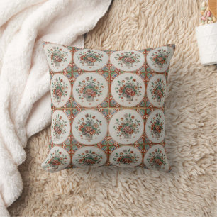 Vintage Floral Terracotta Tiles Pattern Fleece Bla Cushion