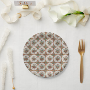 Vintage Floral Terracotta Tiles Pattern Paper Plate