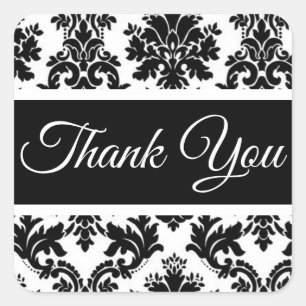 Vintage Floral Thank You Damask Black And White Square Sticker