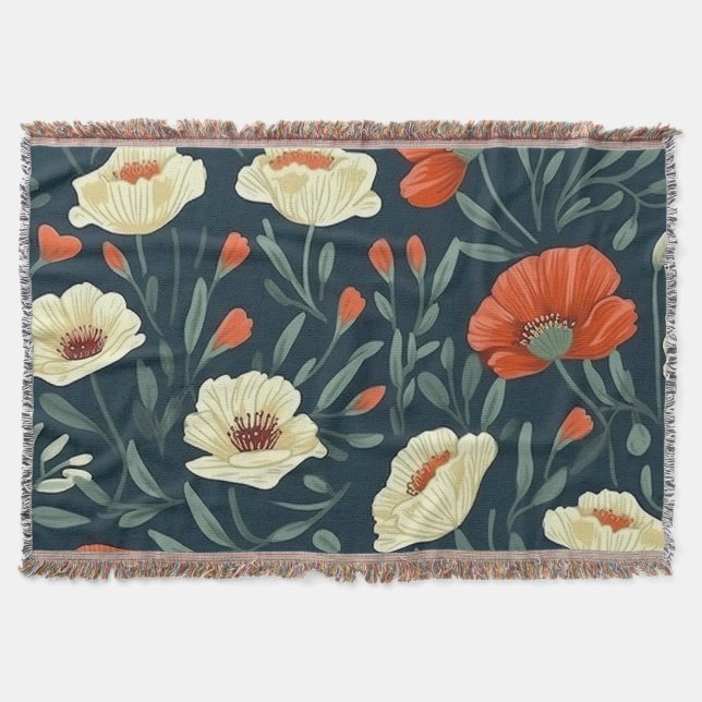 Vintage Floral Throw Blanket – Bold Poppy Flower  (Front)