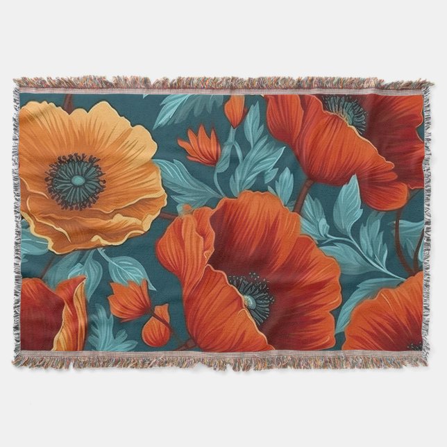 Vintage Floral Throw Blanket – Bold Poppy Flower  (Front)