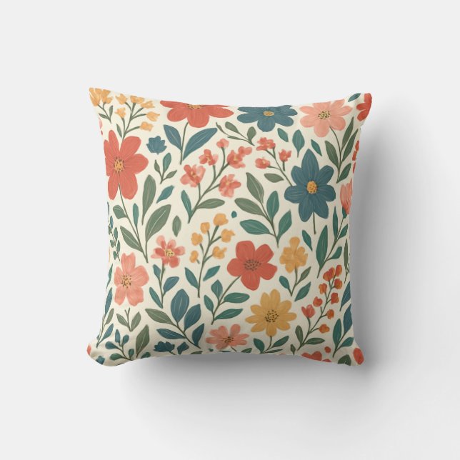 Vintage Floral Throw Pillow – Botanical Wildflower (Front)