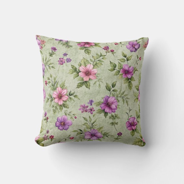 "Vintage Floral Throw Pillow in Green" (Front)